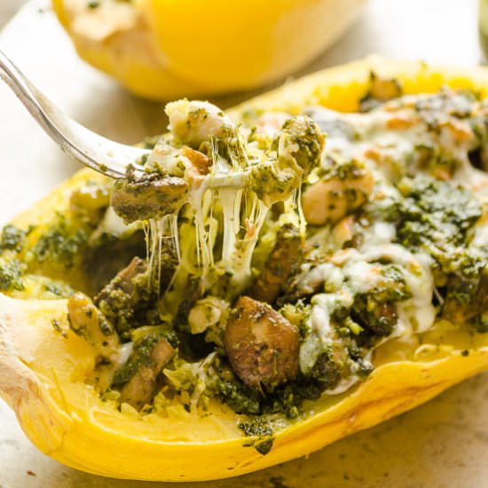 Cheesy Pesto Spaghetti Squash Boats - Recipe photo by flavorthemoments
