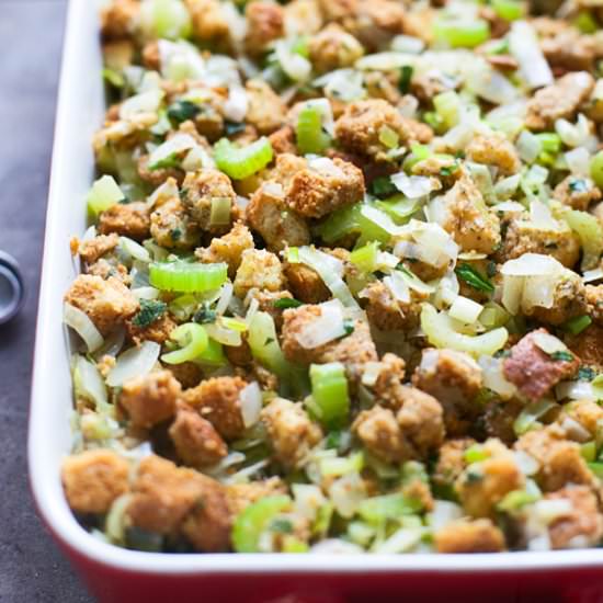 Simple Leek and Sage Stuffing - Recipe photo by cookingforkeeps