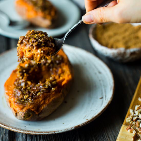 Pecan Pie Stuffed Sweet Potatoes - Recipe photo by foodfaithfitness