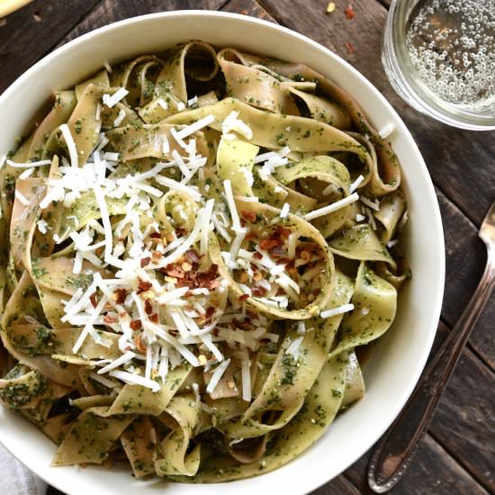 Pappardelle with Swiss Chard Pesto - Recipe photo by Ciao Chow Bambina
