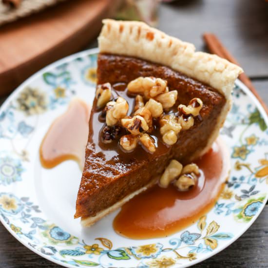 Vegan Pumpkin Pie w/ Caramel Sauce - Recipe photo by ilovevegan