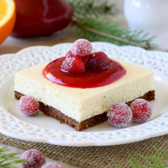 Cranberry Orange Cheesecake Bars - Recipe photo by PutOnYourCakePants