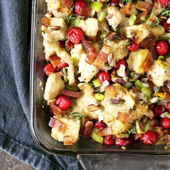 Bacon Cranberry Pistachio Dressing - Recipe photo by honeyandbirch
