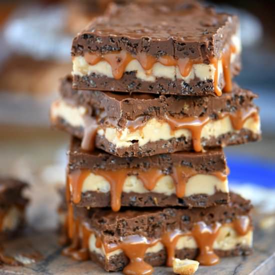 No Bake Snickers Crunch Bars - Recipe photo by MomOnTimeout