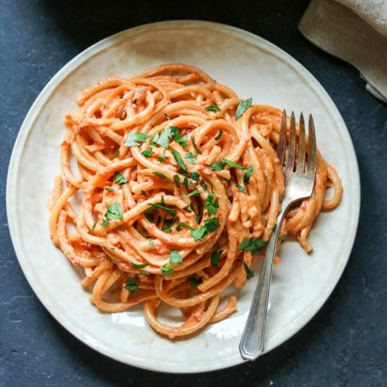 Creamy Sun Dried Tomato Bucatini - Recipe photo by thewanderlustkitchen