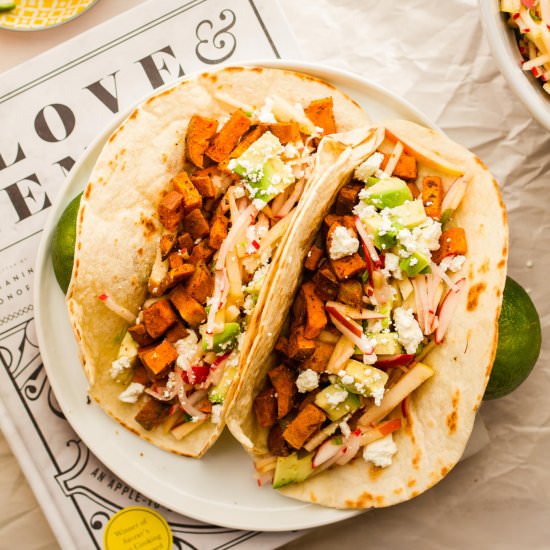 Sweet Potato Tacos with Apple Slaw - Recipe photo by cakeoversteak