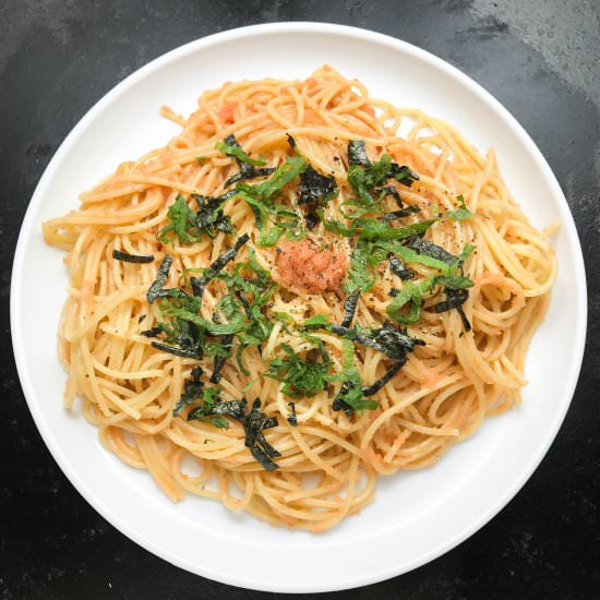 Mentaiko Pasta with Shiso - Recipe photo by alldayieatblog