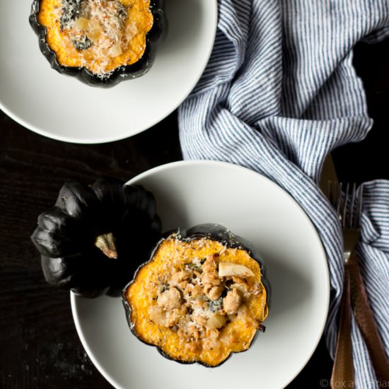 Sausage and Kale Stuffed Acorn Squash - Recipe photo by foxandbriar