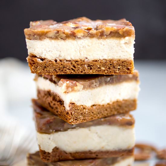 Paleo Caramel Pecan Cheesecake Bars - Recipe photo by The Movement Menu