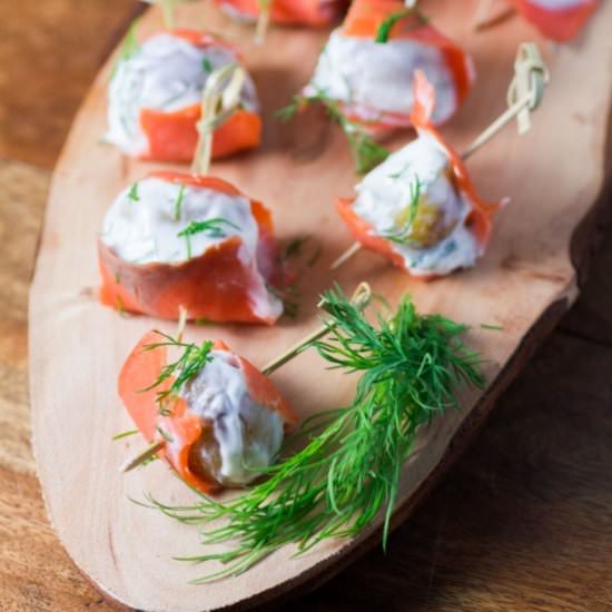 Salmon Wrapped Dill Chive Potatoes - Recipe photo by noshingwiththenolands