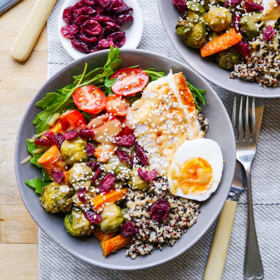 Maple Tahini Brussels Quinoa Bowl - Recipe photo by Nourish Everyday
