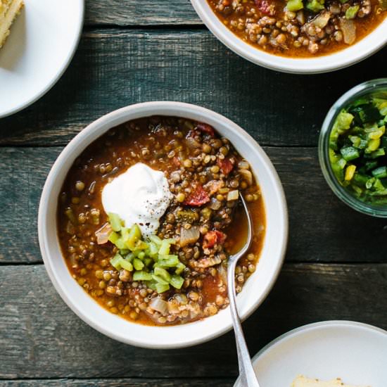 Lentil Quinoa Chili - Recipe photo by gatheranddine