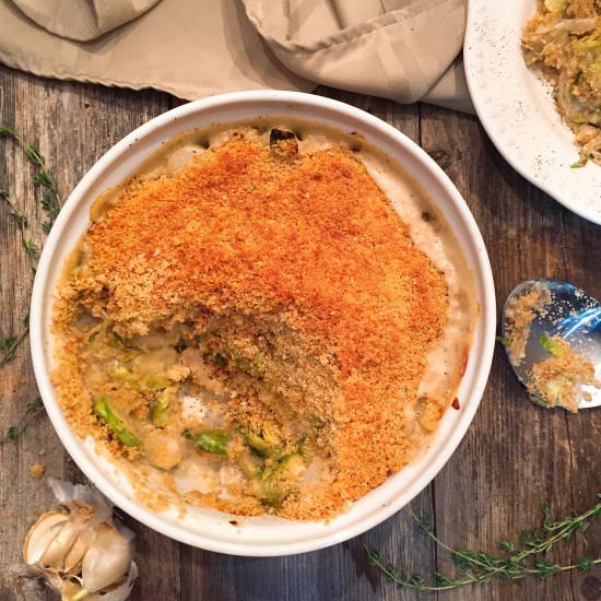 Brussels & Pearl Onion Gratin - Recipe photo by ahintofwine.com