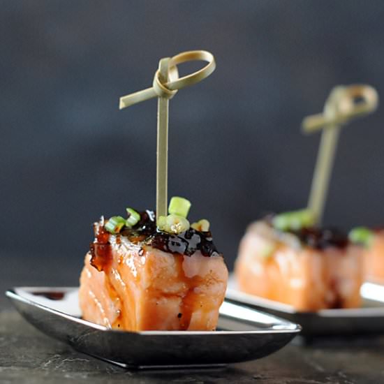 Bourbon-Glazed Salmon Appetizer - Recipe photo by girlscangrill