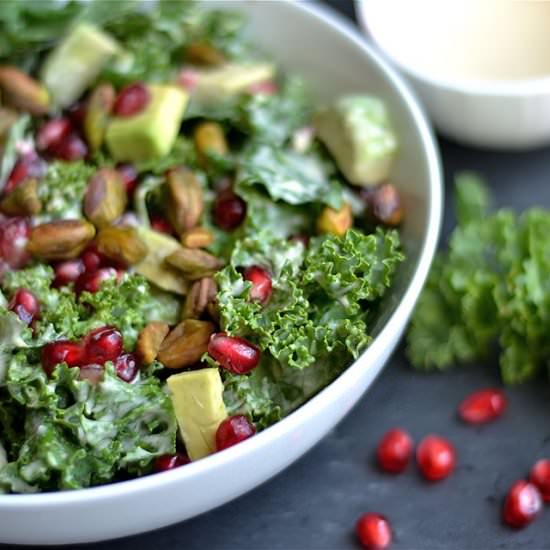 Kale, Pomegranate, Avocado Salad - Recipe photo by wholesomelicious
