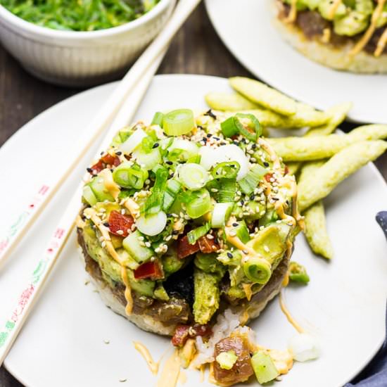 Wasabi-Ranch Spicy Tuna Poke Stacks - Recipe photo by thegirlonbloor