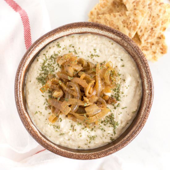 Lightened-Up French Onion Dip - Recipe photo by nourishedtheblog