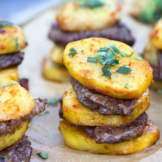 Steak and Potato Stacks Appetizer - Recipe photo by panning the globe