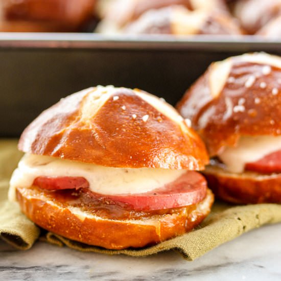 Summer Sausage Pretzel Bun Sliders - Recipe photo by lisasdinnertimedish