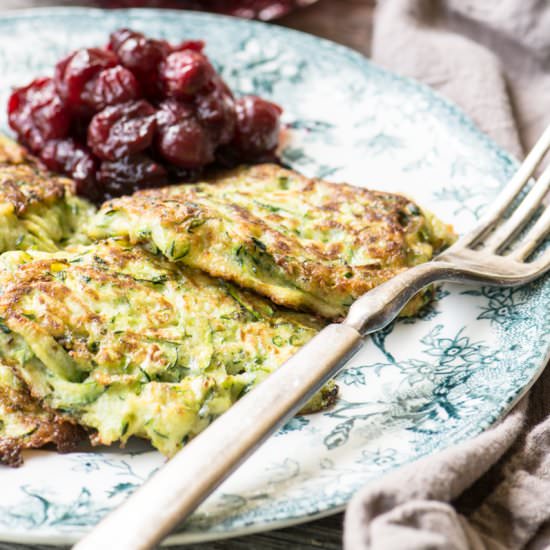 Zucchini Latkes w/ Cranberry Sauce - Recipe photo by theviewfromgreatisland