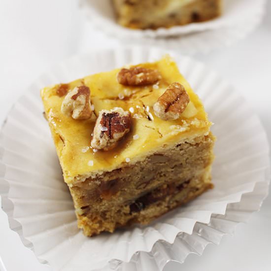 Salted Caramel Cheesecake Blondies - Recipe photo by Savvy in the Kitchen