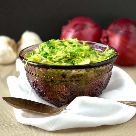 Basil-Garlic Shaved Brussel Sprouts - Recipe photo by expepicurean