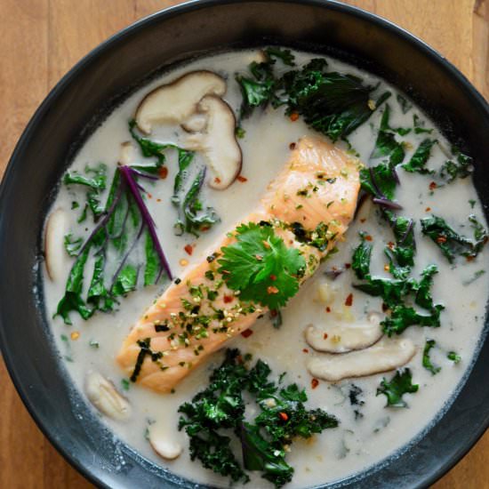 Thai Coconut Soup w/ Salmon & Kale - Recipe photo by realfoodwithdana