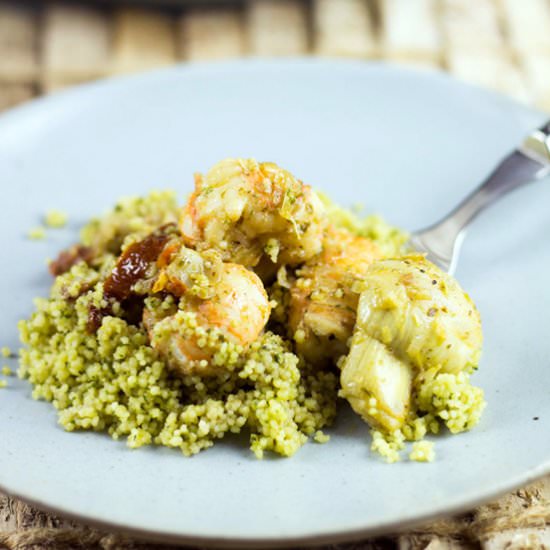 Scampi with Artichokes Pesto Couscous - Recipe photo by sugarlovespices