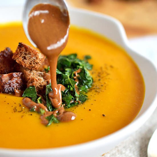 Red Kuri Curry Soup with 3 Toppings - Recipe photo by Simply to Thrive