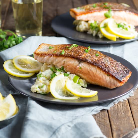 Crispy Salmon w Creamy Lemon Rice - Recipe photo by NerdsWithKnives-Emily