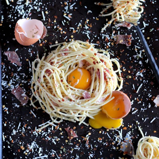 Creamy Spaghetti all Carbonara - Recipe photo by thewoodenskillet