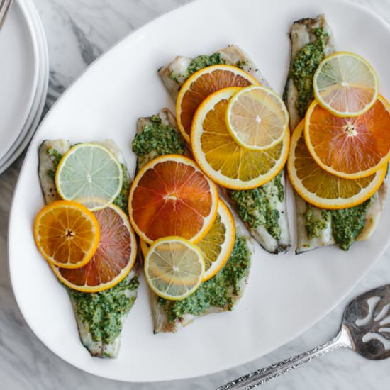 Roasted Branzino with Citrus Pesto - Recipe photo by Downshiftology