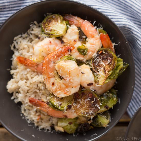 ROASTED SHRIMP AND BRUSSELS SPROUTS - Recipe photo by foxandbriar