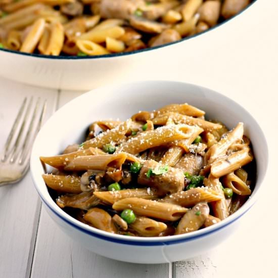 Creamy Sausage, Pea Pasta - Recipe photo by jamandcream