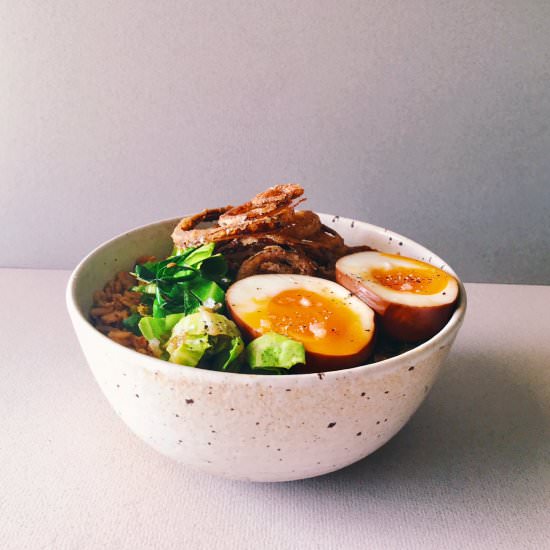 Oats with Fried Onions & Soy Egg - Recipe photo by recordsintheden
