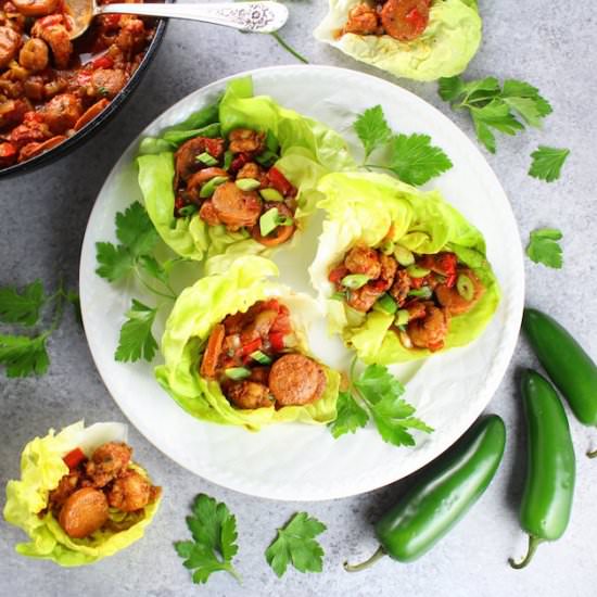 Sausage and Cajun Shrimp Lettuce Wraps - Recipe photo by HollyatTasteAndSee