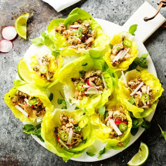 Larb Gai Thai Lettuce Wraps - Recipe photo by platingsandpairings