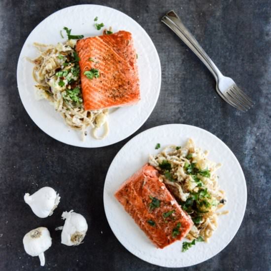 Broiled Salmon & Garlic Noodles - Recipe photo by HowSweetEats