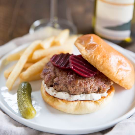 Pork Burgers with Feta Mustard - Recipe photo by culinaryhill