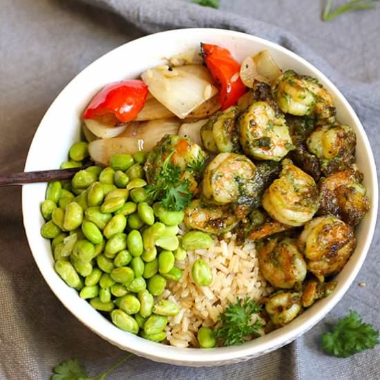 Shrimp Pesto Rice Bowls - Recipe photo by suebeehomemaker