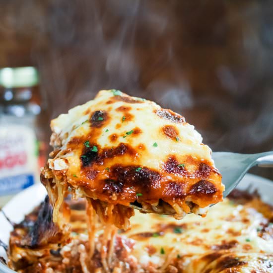 cheesy layered pasta bake - Recipe photo by aflavorjournal