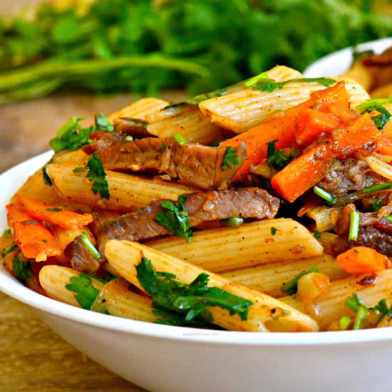 Goat Meat Garlic Penne Pasta - Recipe photo by kaluhiskitchen