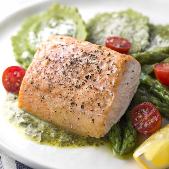 Salmon with Asparagus Ravioli - Recipe photo by Jessica Gavin