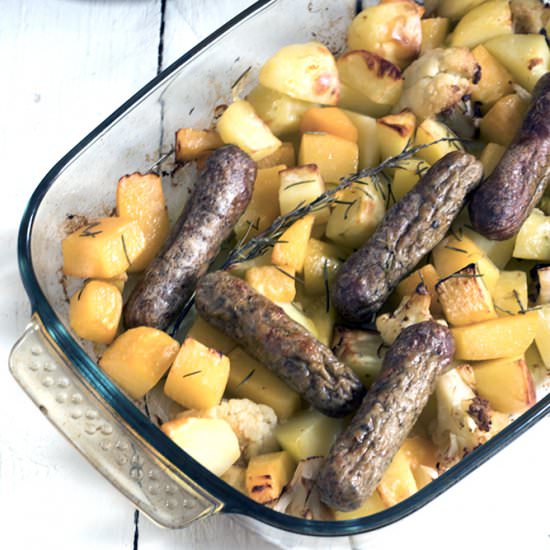 Vegetarian Sausage Potato Traybake - Recipe photo by Mandy Sneaky Veg