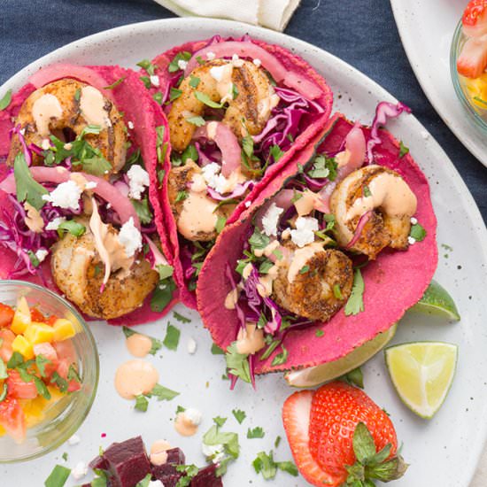 Pink Tacos with Spicy Shrimp - Recipe photo by ebrees