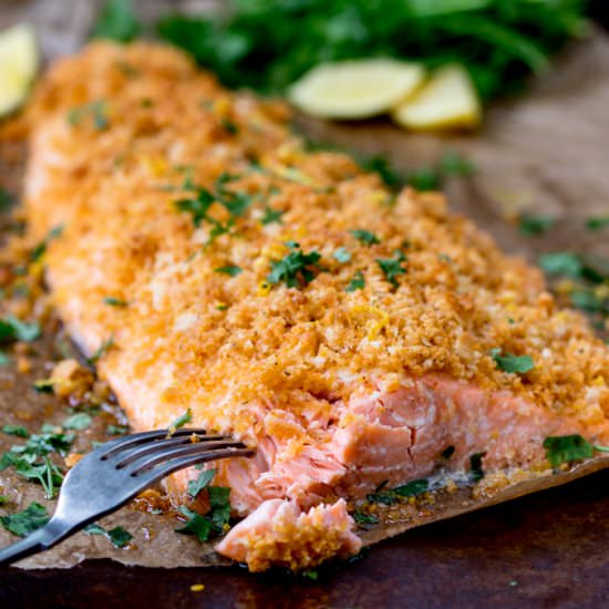 Garlic Bread Crusted Salmon - Recipe photo by KitchenSanctuary