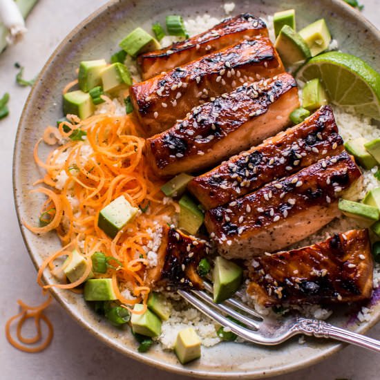 Hoisin Glazed Salmon Bowl - Recipe photo by saltandlavender