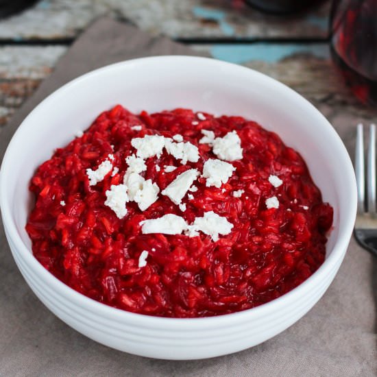 Beet Risotto with Goat Cheese - Recipe photo by anerdcooks
