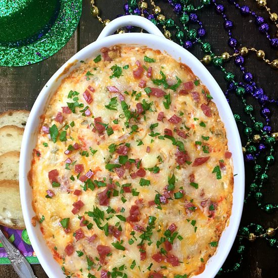 Easy Mardi Gras Hot Muffuletta Dip - Recipe photo by Grits and Pinecones