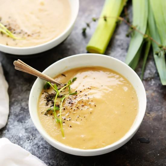 {Healthier} Creamy Potato Leek Soup - Recipe photo by platingsandpairings